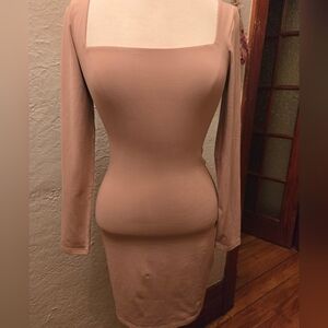 Babaton Square Neck Bodycon Dress Beige Long Sleeve Minimalist NWOT